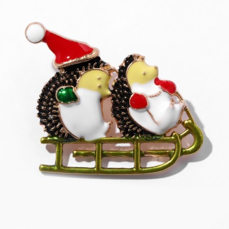 New Year! New Year's Brooch "Hedgehogs" on a sleigh, colored in gold-1
