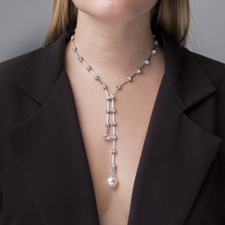 The necklace with pearls “chain” improvisation, ball No. 8, white color in silver, l = 40 cm