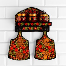 Semi -Strawberry set, 6 items: 2 boards, 3 banks, stand, Khokhloma
