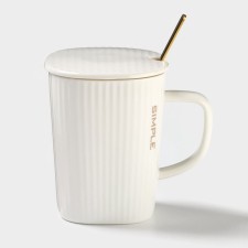 Simple mug, 320 ml, 14.5 × 10.5 × 8.5 cm, with a lid and spoon, ceramics, white