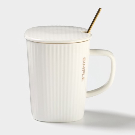 Simple mug, 320 ml, 14.5 × 10.5 × 8.5 cm, with a lid and spoon, ceramics, white