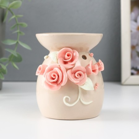 Aroma lamp ceramics "Pink roses with leaves" Beige 7.5x7.5x9 cm