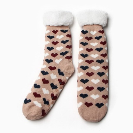 Women's socks with fur "hearts", beige color, size 36-40