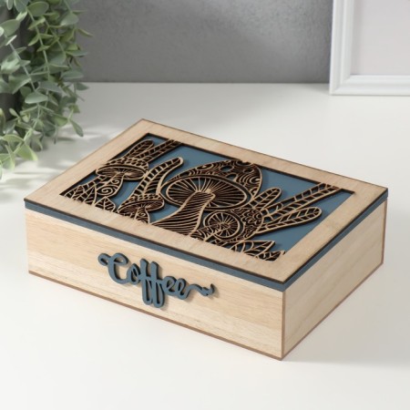 Casket wood 6 divisions "Mushrooms" beige-blue 17x24x7 cm