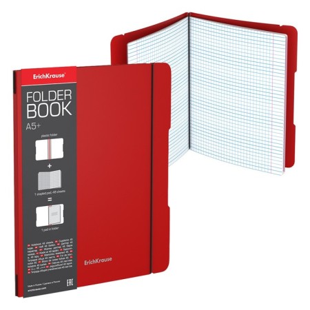 Notebook A5+, 48 sheets in the Erichkrause "Folderbook", removable plastic cover, elastic bands, offset unit, white 100%, red
