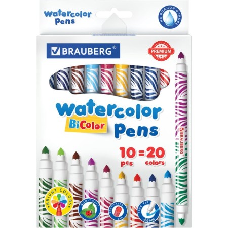 Flomasters bilateral 20 colors Brauberg Premium Bi-Color, 10 pieces, thickened, ventilated cap