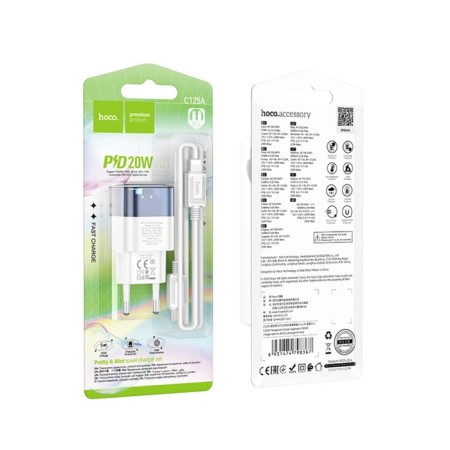 Network charger HOCO C125A, Type-C, 20 W, transparent, Type-C-Lightning, blue-4