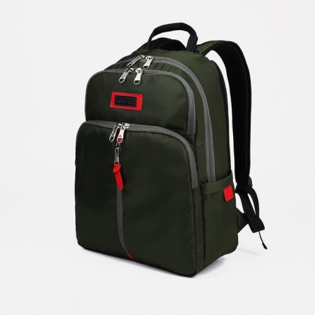A backpack with a zipper, Rise, 2 external pockets, a laptop department, dark green color