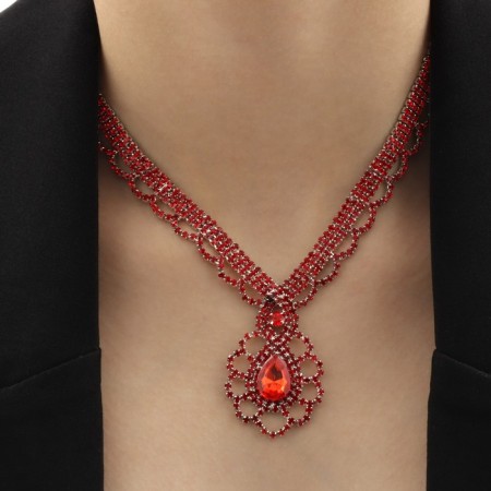 Set 2 objects: earrings, necklace "Phoenix" drop in rhinestones, red color in silver, 35 cm-4
