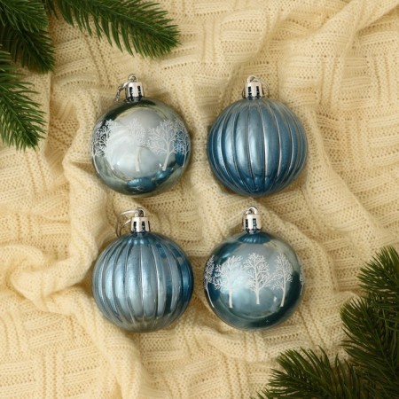 Set of balls plastic D-5.5 cm, 4 pcs "New Year's Fun" Winter Forest Stripes, Blue