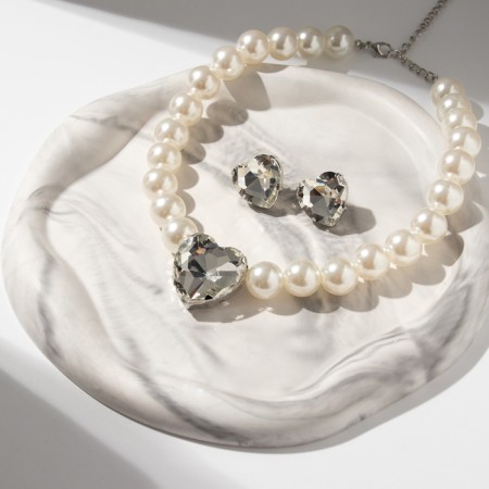 Set 2 items; Earrings, Kilence "Heart" large pearls, white color in silver-3