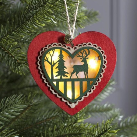 Christmas tree toy "Red Heart with a deer", from batteries, a glow of warm white