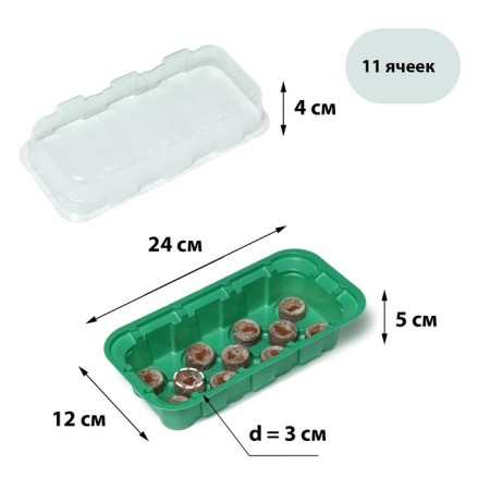 Mini-Pirate for seedlings: coconut tablet D = 3 cm (11 pcs.), Greenhouse 24 × 12 cm, jiffy