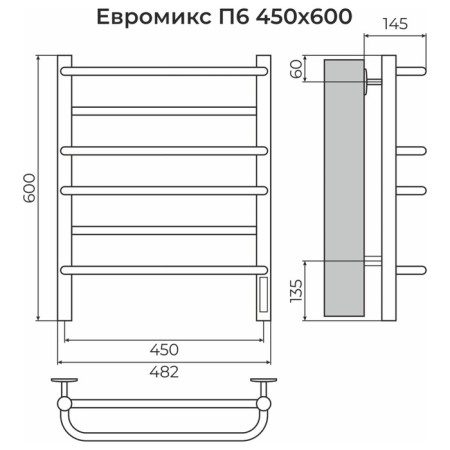Terminus heated towel rail "Euromix" P6, 450x600 mm, on the right, black matte-2
