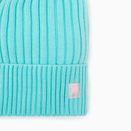 Knitted hat for girls, mint color/heart, size 52-56-2