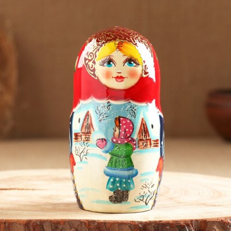 Matryoshka "couple", red scarf, 5 puppet, suite-2