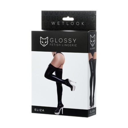 Stockings with an insert of lace Glossy, Wetlook, Black, Size L-3