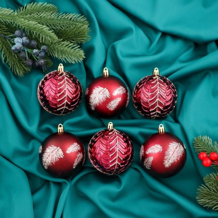 Set of balls plastic D-8 cm, 6 pcs "Fairytale patterns of feathers, red