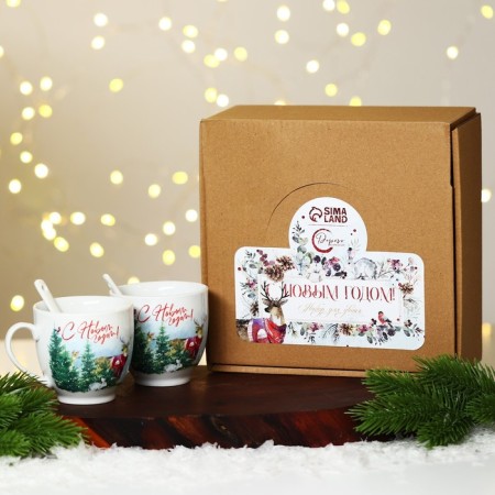 Happy New Year ceramics set, 180 ml mug, 2 pcs, spoon 2 pcs, white color-13