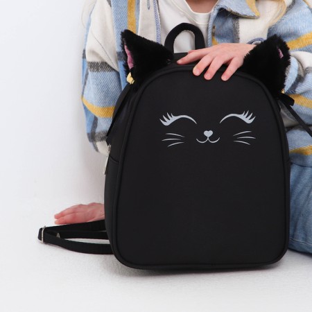 School textile backpack with ears on the hairpins "Cat", 27x23 cm, black color-13