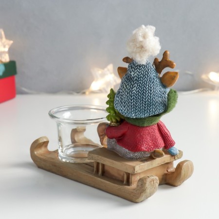 Polystone candlestick "Olennian in a blue hat on a sled with a Christmas tree" 15x6.7x12.5 cm-2