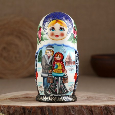 Matryoshka "couple", red scarf, 5 puppet, suite-6