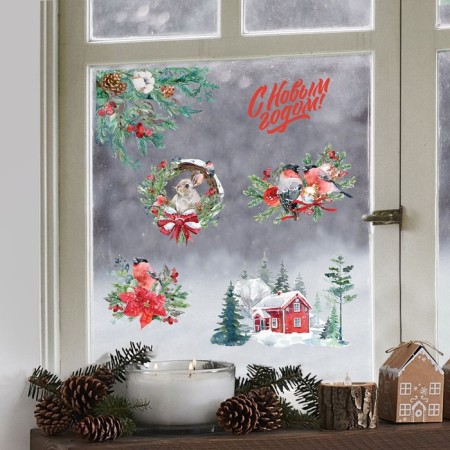 Vinyl stickers on the windows "New Year's village", reusable, 70 x 25 cm, New Year-3