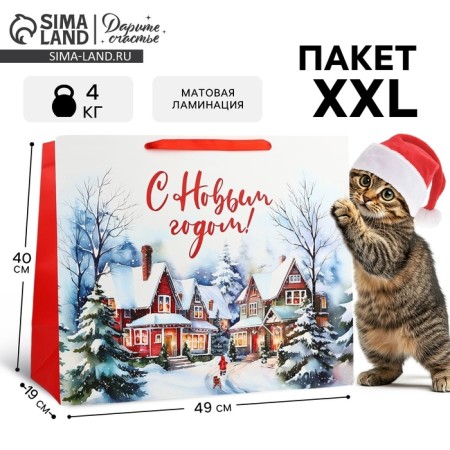 Package Gift New Year Laminated "Winter Village", XL 49 x 40 x 19 cm, New Year