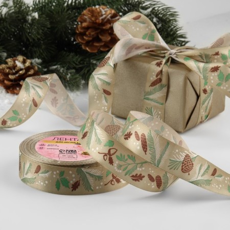 A satin ribbon "New Year's forest", 25 mm, 23 ± 1 m, beige color No. 067