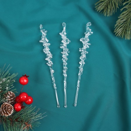 Christmas tree decoration "icicle with drops" (set of 3 pcs) 14.5x1 cm, transparent