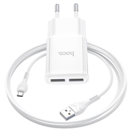Network charger Hoco C88A, 2 USB, 2.4 A, Micro USB - USB, 1 m, white cable