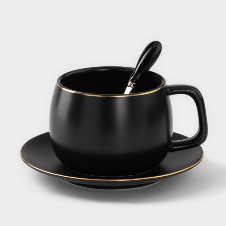 Tea couple ceramic with a spoon "Mati", 2 items: a cup 280 ml, a saucer d = 13.5 cm, black color