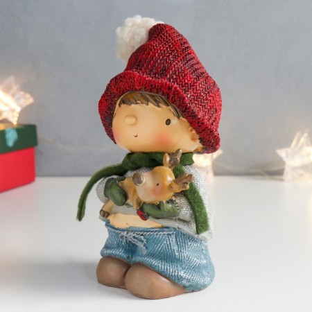 Souvenir Polystone "Boy in a red cap with a deer in his hands" 10x8.5x16 cm-3
