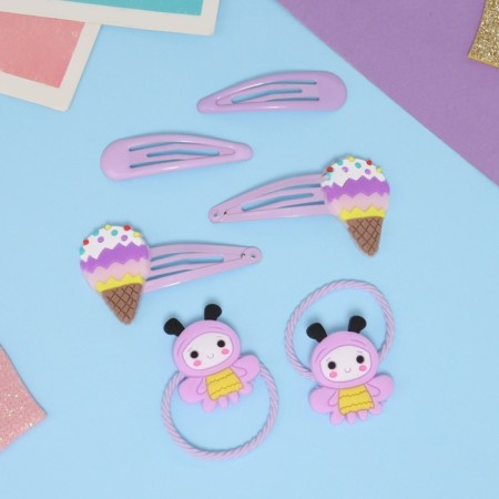 Shirley hair set (2 elastic bands 5 cm, 4 invisible 5.5 cm) bee, lilac-1