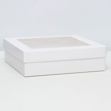 The box is folding, the lid is, with the window, white, 23 x 23 x 6.5 cm