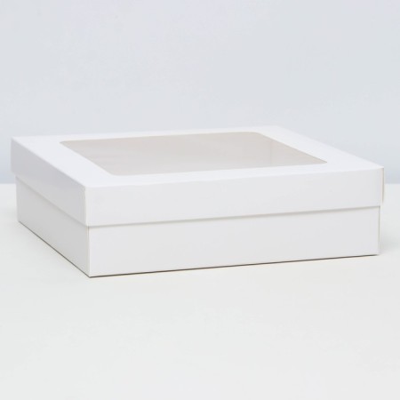 The box is folding, the lid is, with the window, white, 23 x 23 x 6.5 cm
