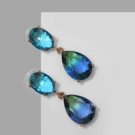 Earrings with rhinestones "Cleo" drops, color blue-green in gold-1