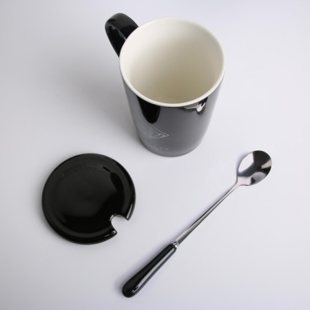 Ceramic mug with a spoon and lid "Walner of the peaks", 400 ml, black color-4