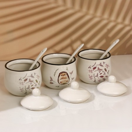 A set of ceramic cans for spices on a hedgehog metal stand, 200 ml, 3 pcs, white color-6