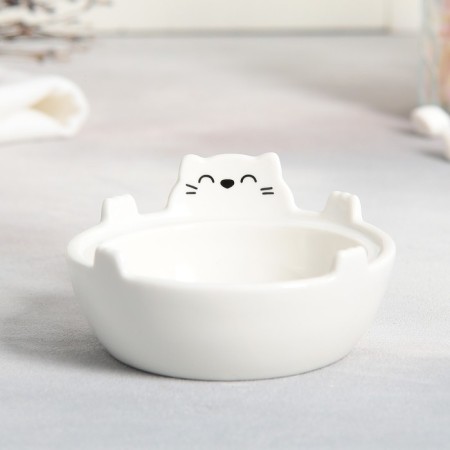 Ceramic set for tea drinking "White Cat", a mug of 150 ml, a bowl of 10x3 cm, white color-2