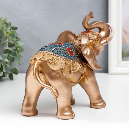 Souvenir Polystone "Golden Elephant in Blue Popone with Tasses" MIX 20x10.5x22 cm-2