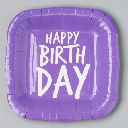 Disposable plate square paper "Happy Birthday", purple, 16.5x16.5 cm-1