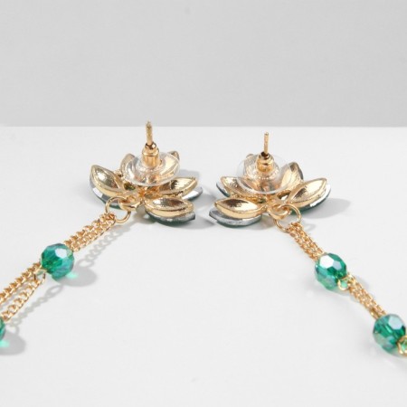 Hanging earrings with rhinestones "Dawn" Flower, emerald white in gold, 11.5 cm-2