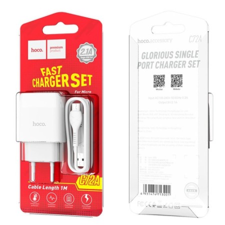 Network charger Hoco C72A, 1 USB, 2.1 A, Micro USB - USB, 1 m, white cable-7
