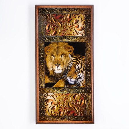Backgammon "lion and tiger", wooden board 50 x 50 cm, with a field for playing checkers