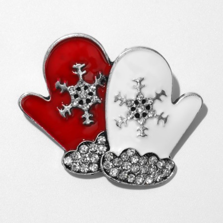 New Year! New Year's Brooch "mittens" with snowflakes, red-white color in black silver-2