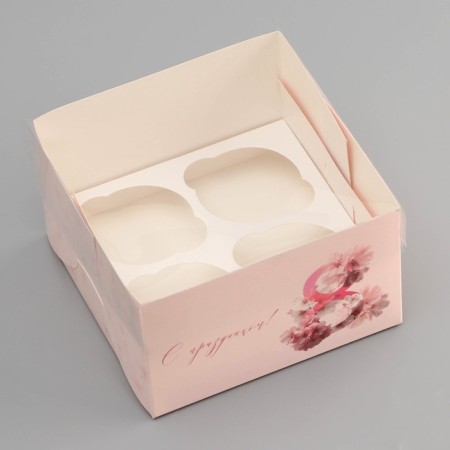 Box for 4 cupcake with a transparent cover, "March 8", 16 × 16 × 10 cm, confectionery packaging-2