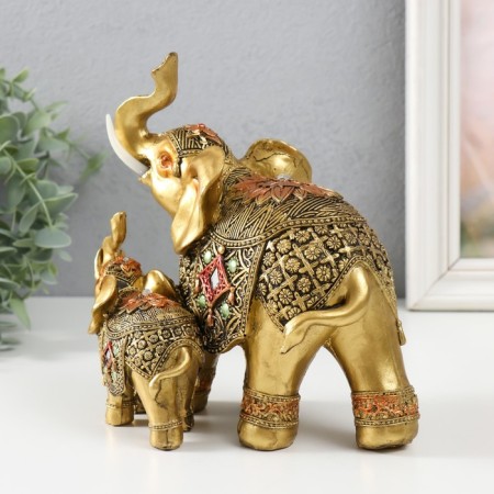 Souvenir Polystone "elephant and elephant in the blade with flower" Bronze 15x12.5x17.5 cm-1