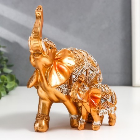 Souvenir Polystone "Golden Elephant with an Elephant in the Mirror Popon" 17.5x15x9.5 cm-1