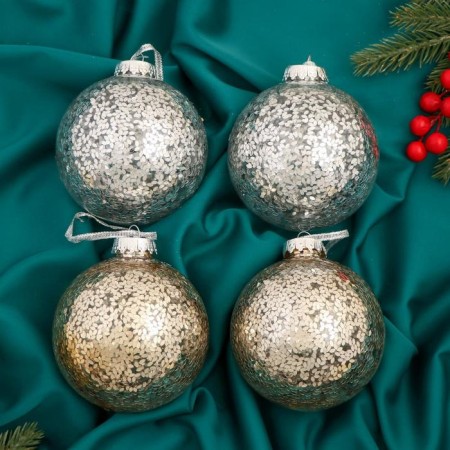 Set of balls plastic D-10 cm, 4 pcs "Festive mood shine" silver gold